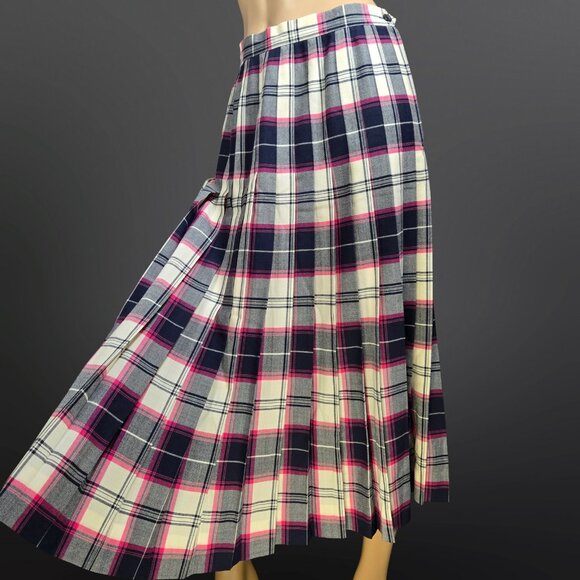 Vintage 80s Long Wool Pleated Plaid Tartan Skirt Size S Blue Pink White - Picture 2 of 9